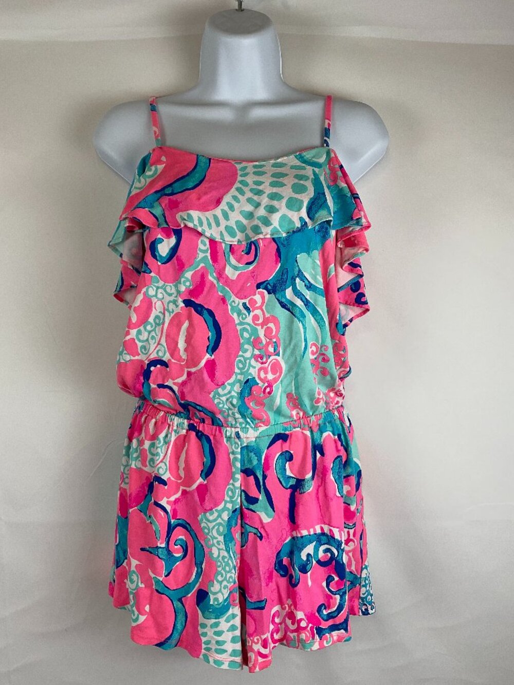 Lilly Pulitzer Romper XS Pink Blue White Spaghetti Strap Ruffle Off Shoulder